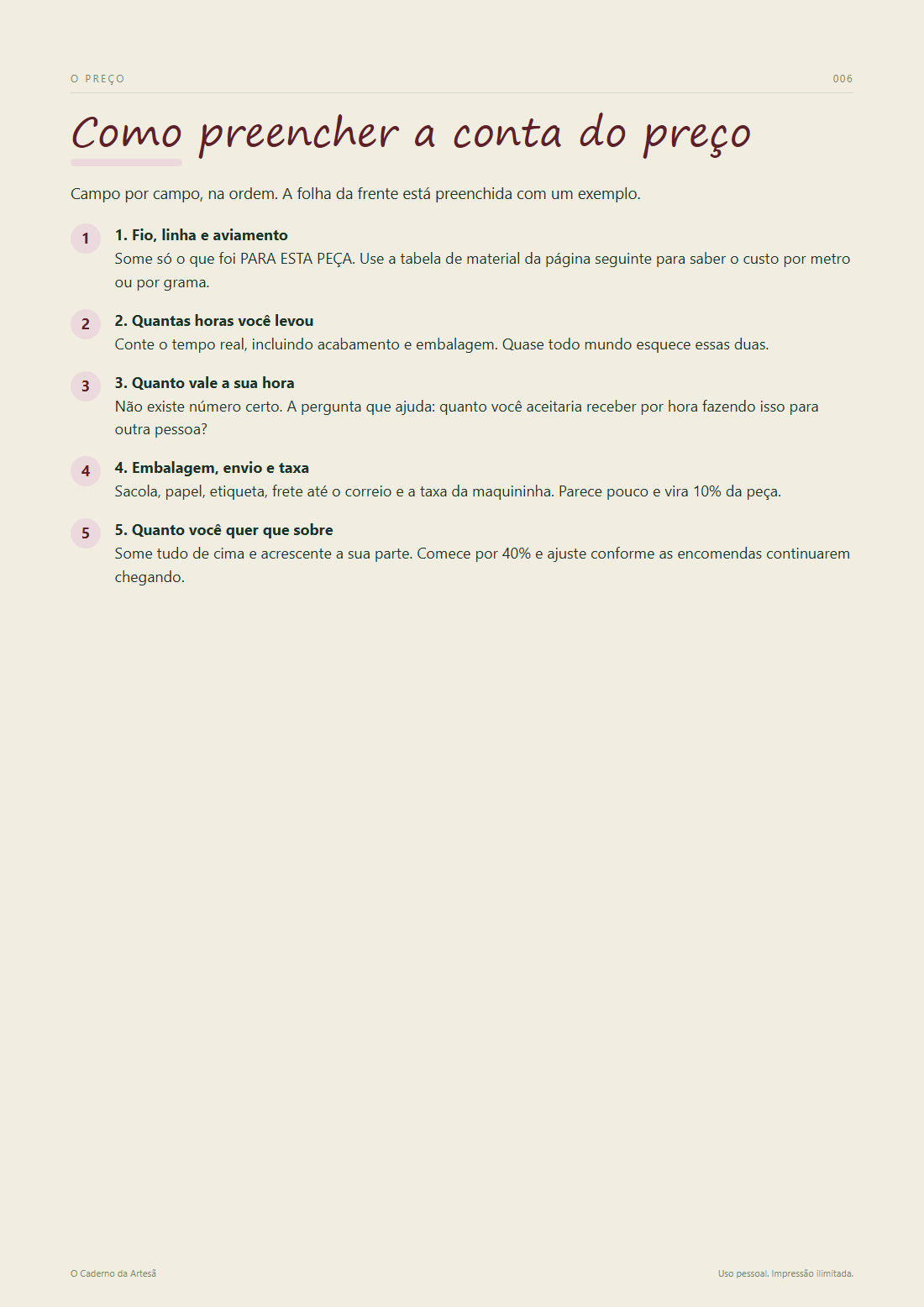 Folha 006 do caderno, Como preencher a conta do preço, com cinco passos numerados